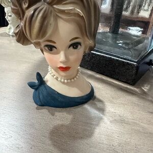 Vintage Style Ceramic Lady head vase with with Pearl Necklace